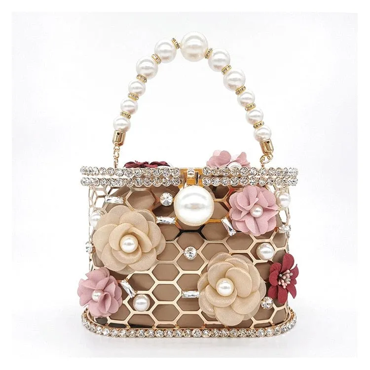 Brenda Pearl Floral Beading Honeycomb Clutch