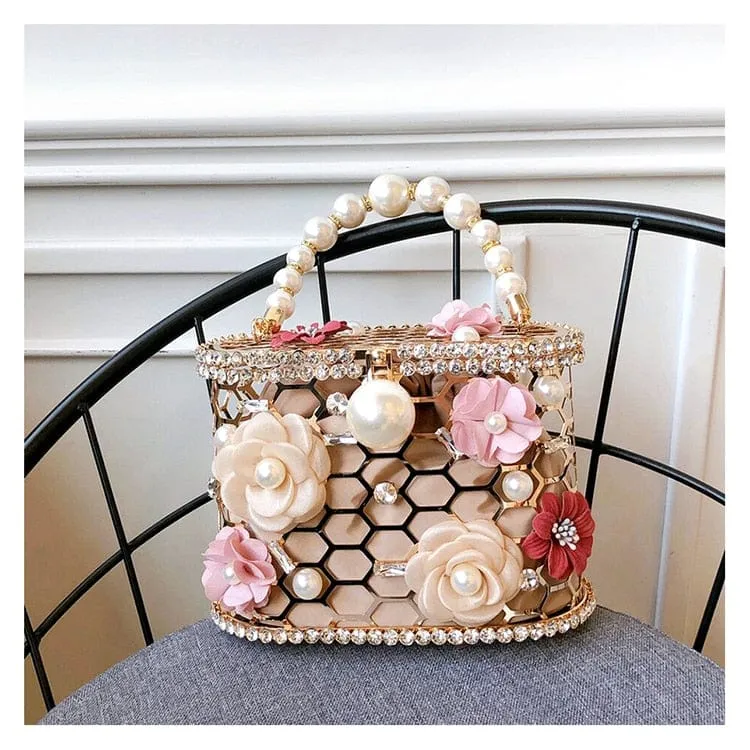 Brenda Pearl Floral Beading Honeycomb Clutch