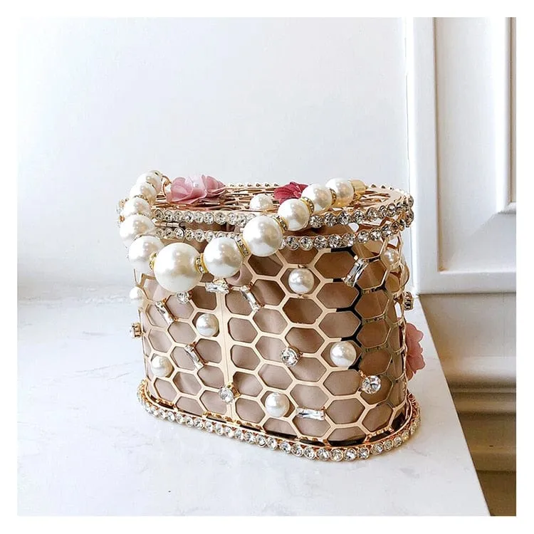 Brenda Pearl Floral Beading Honeycomb Clutch
