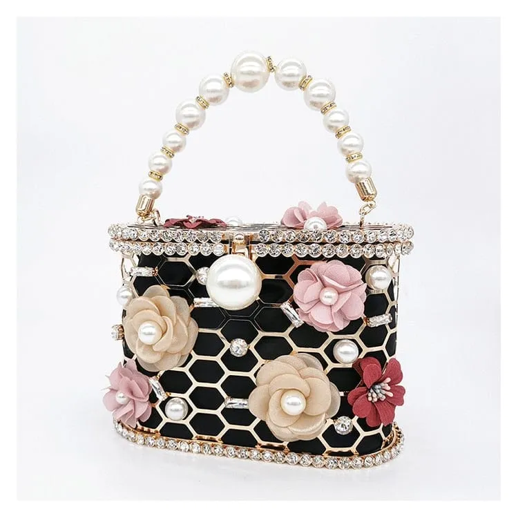 Brenda Pearl Floral Beading Honeycomb Clutch