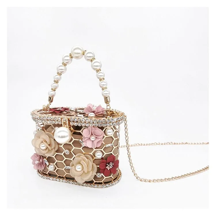 Brenda Pearl Floral Beading Honeycomb Clutch