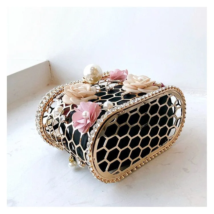 Brenda Pearl Floral Beading Honeycomb Clutch