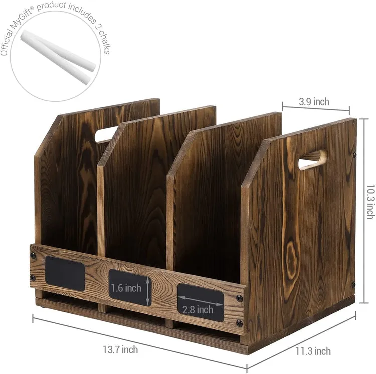 Burnt Brown Wood Office Desktop Document File Folder Binder Storage Organizer Rack with Chalkboard Labels