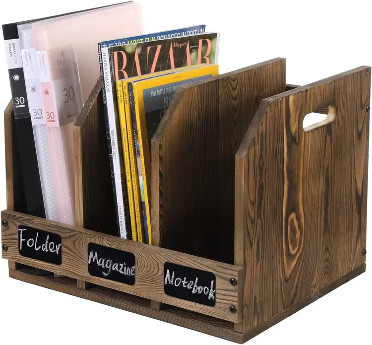 Burnt Brown Wood Office Desktop Document File Folder Binder Storage Organizer Rack with Chalkboard Labels