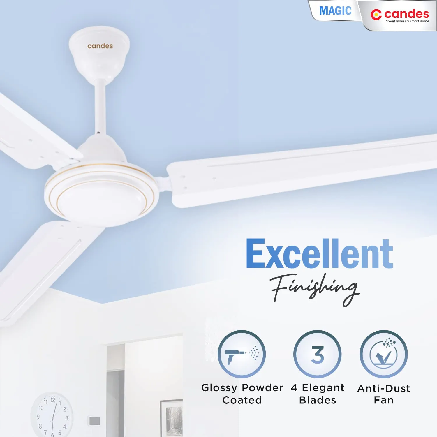 Candes Magic 48 inch /1200 MM High Speed Anti Dust Ceiling Fan, 400 RPM with 2 Years Warranty (White, Pack of 1)