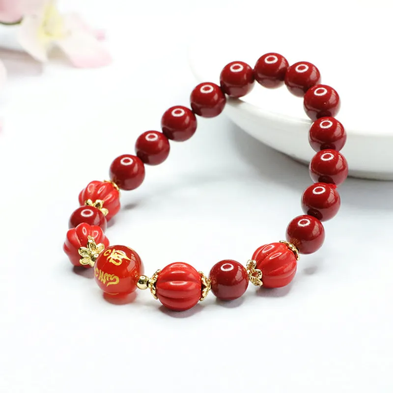 Cinnabar and Purple Gold Sand Beaded Bracelet with Sterling Silver Accents
