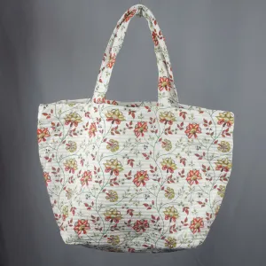 Cotton Quilted Large Shopping / Beach Bag - White Red and Sand Brown Floral