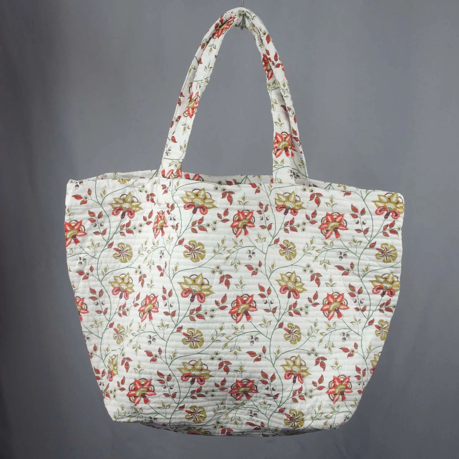 Cotton Quilted Large Shopping / Beach Bag - White Red and Sand Brown Floral