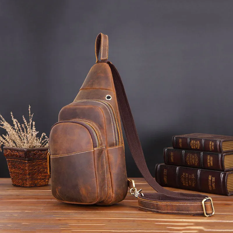 Crazy Horse Leather Chest Pack Handmade Chest Bag Casual Shoulder Messenger Bag