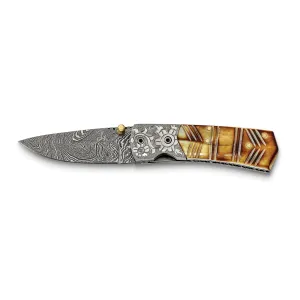 Damascus Steel 256 Layer Folding Dyed/Carved Camel Bone Knife