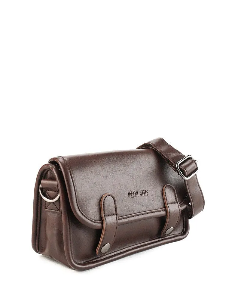 Distressed Leather Button Flap Crossbody Bag - Dark Brown
