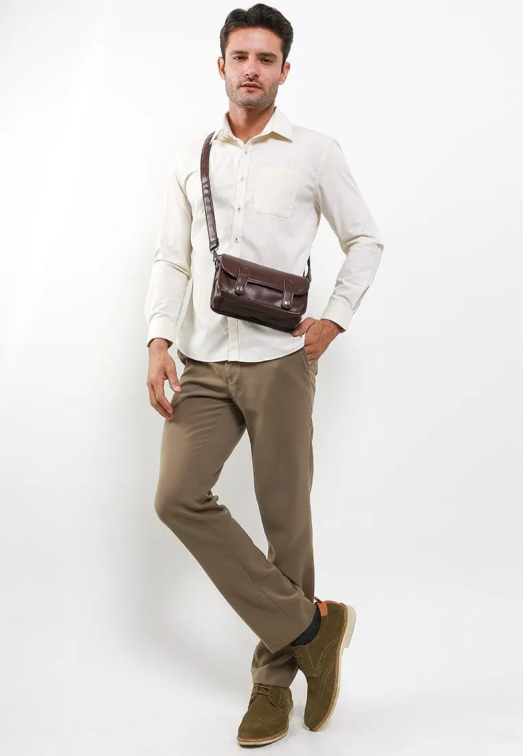Distressed Leather Button Flap Crossbody Bag - Dark Brown