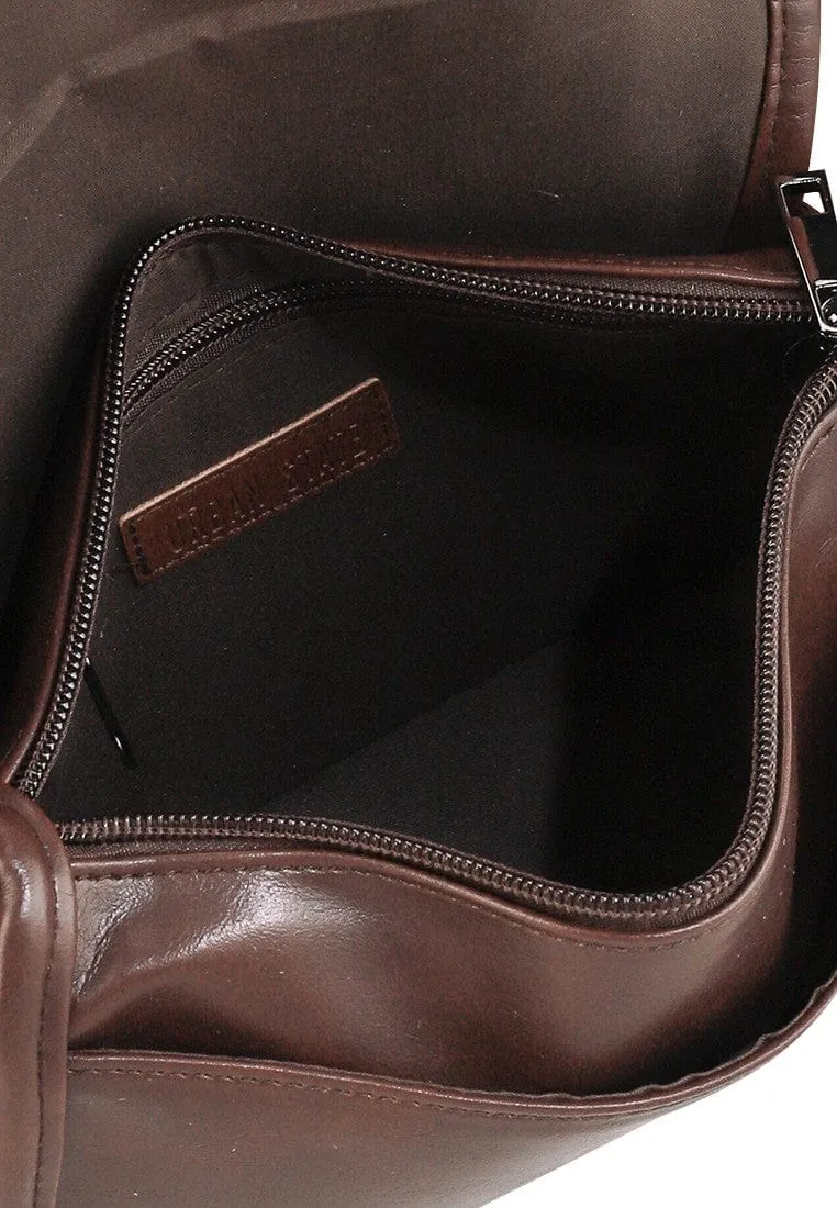 Distressed Leather Button Flap Crossbody Bag - Dark Brown