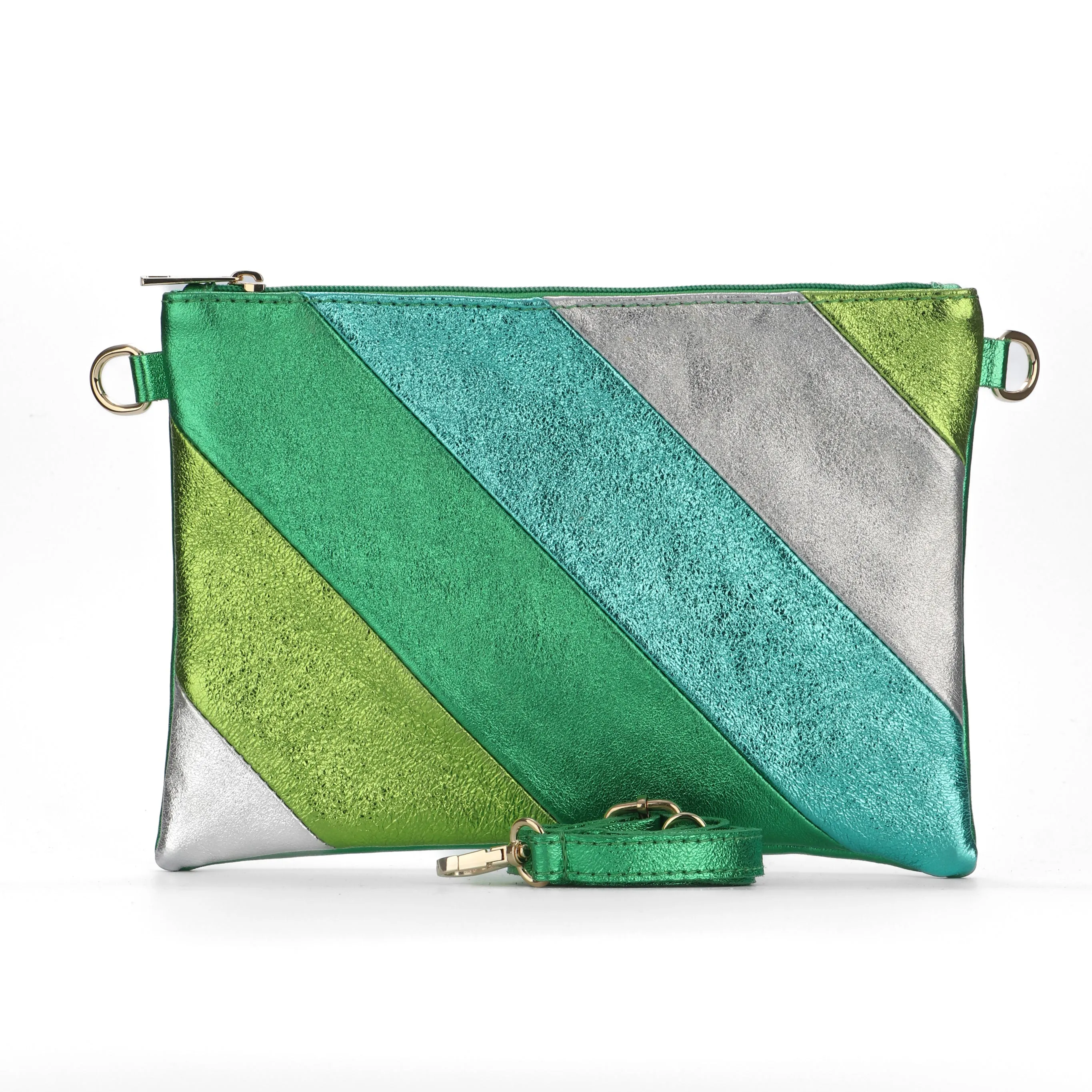 Essie - Italian Leather Wristlet Clutch Bag - Green Rainbow, Metallic
