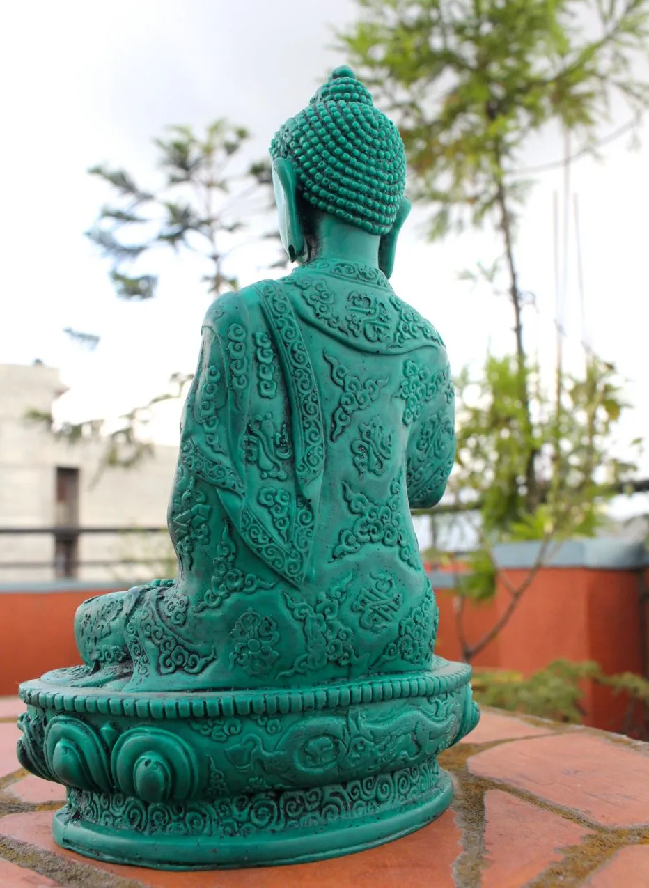 Floral Motifs Carved Green Amoghasiddhi Buddha Resin Statue 7 inch High