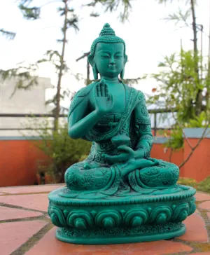 Floral Motifs Carved Green Amoghasiddhi Buddha Resin Statue 7 inch High