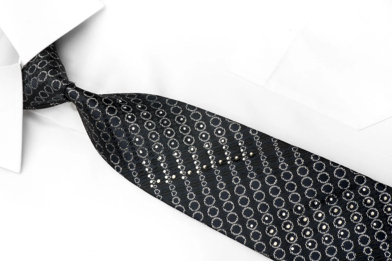 Garcia Men's Rhinestone Tie Sparkling Silver Circles On Navy