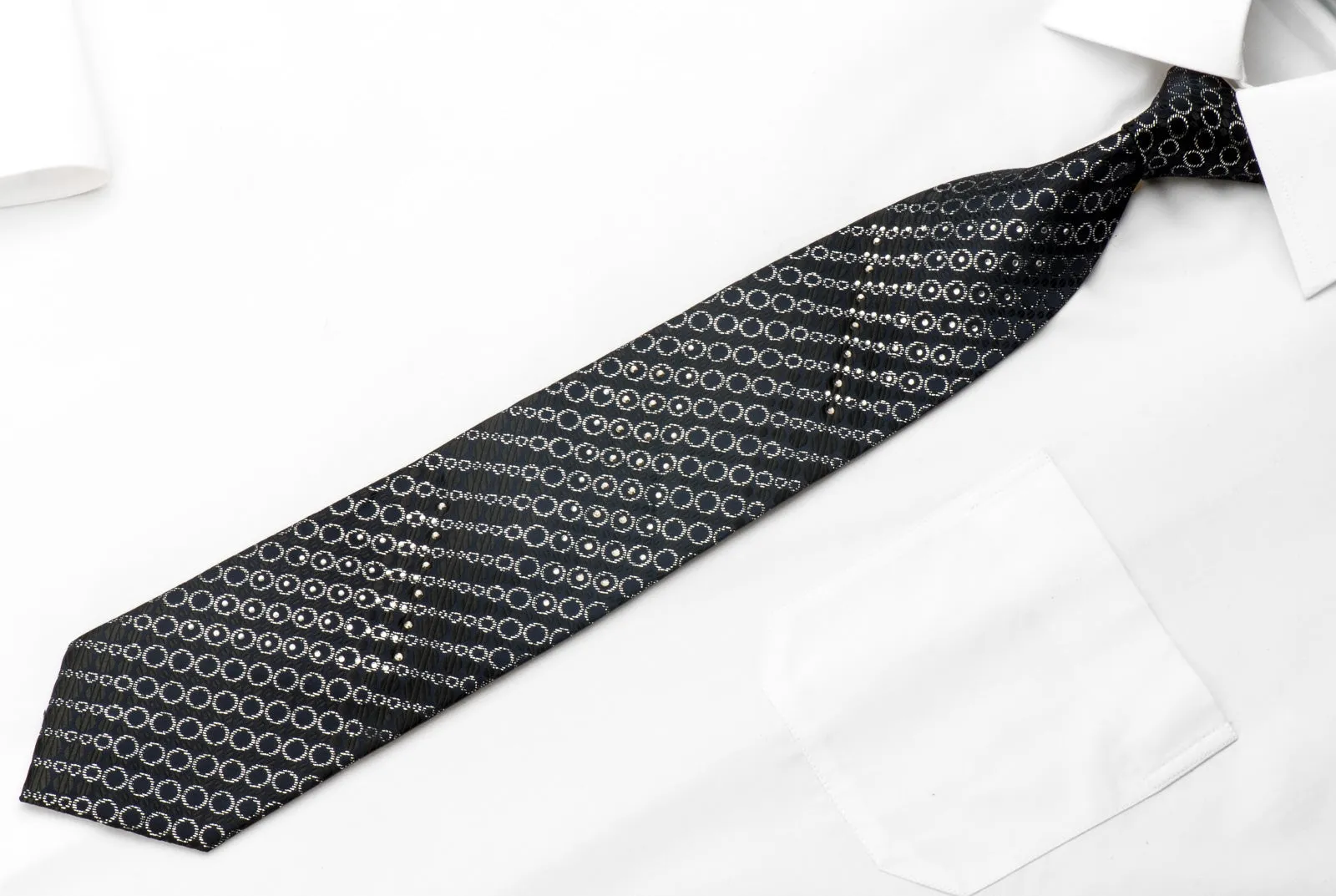 Garcia Men's Rhinestone Tie Sparkling Silver Circles On Navy