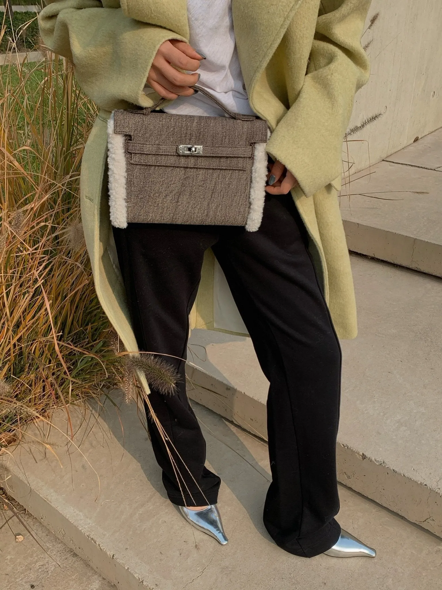 Grey Lambswool Top Handle Bag