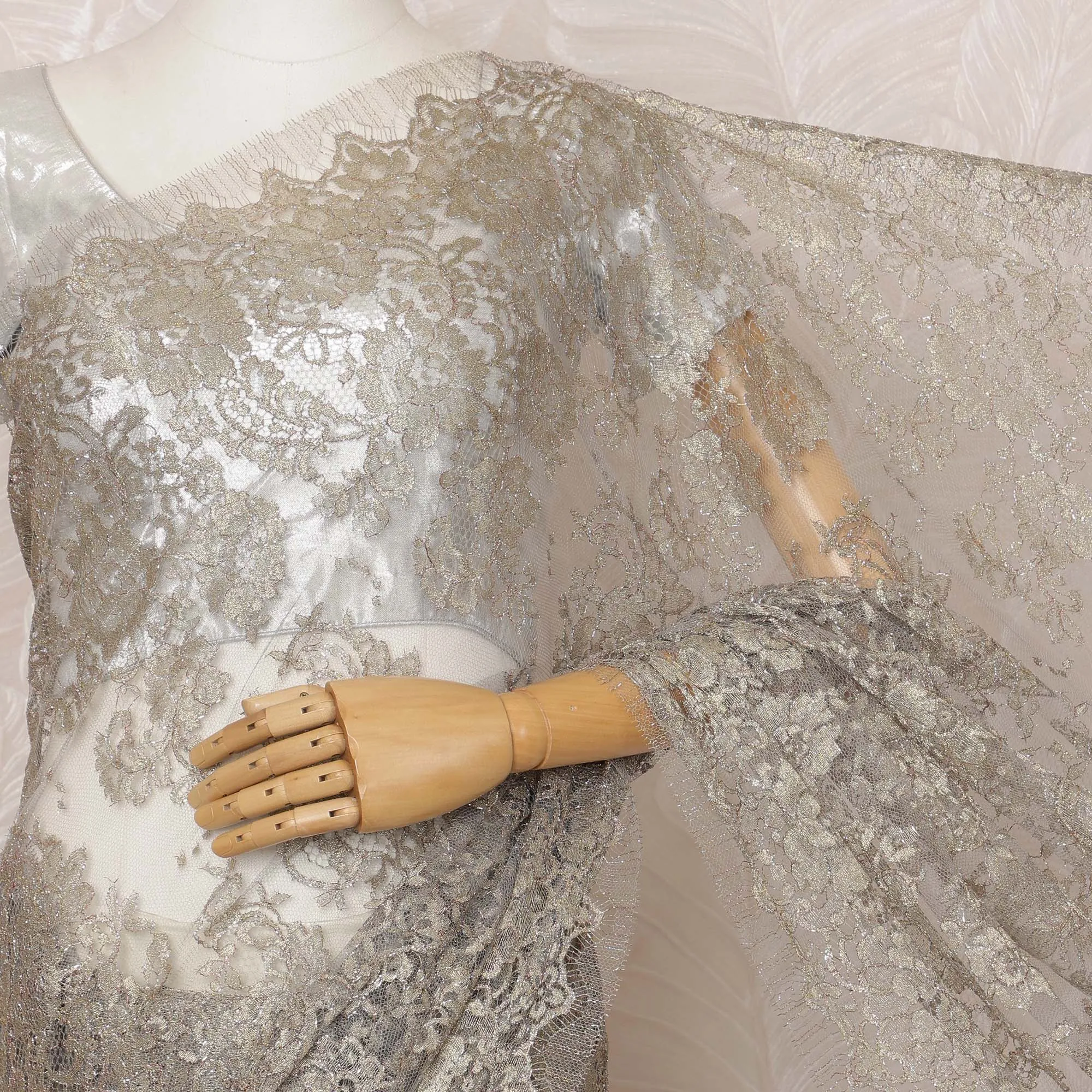 Grey Metallic Premium French Chantilly Saree Lace - 5.5 Meters, Floral Design, 110 cm Width-D20776