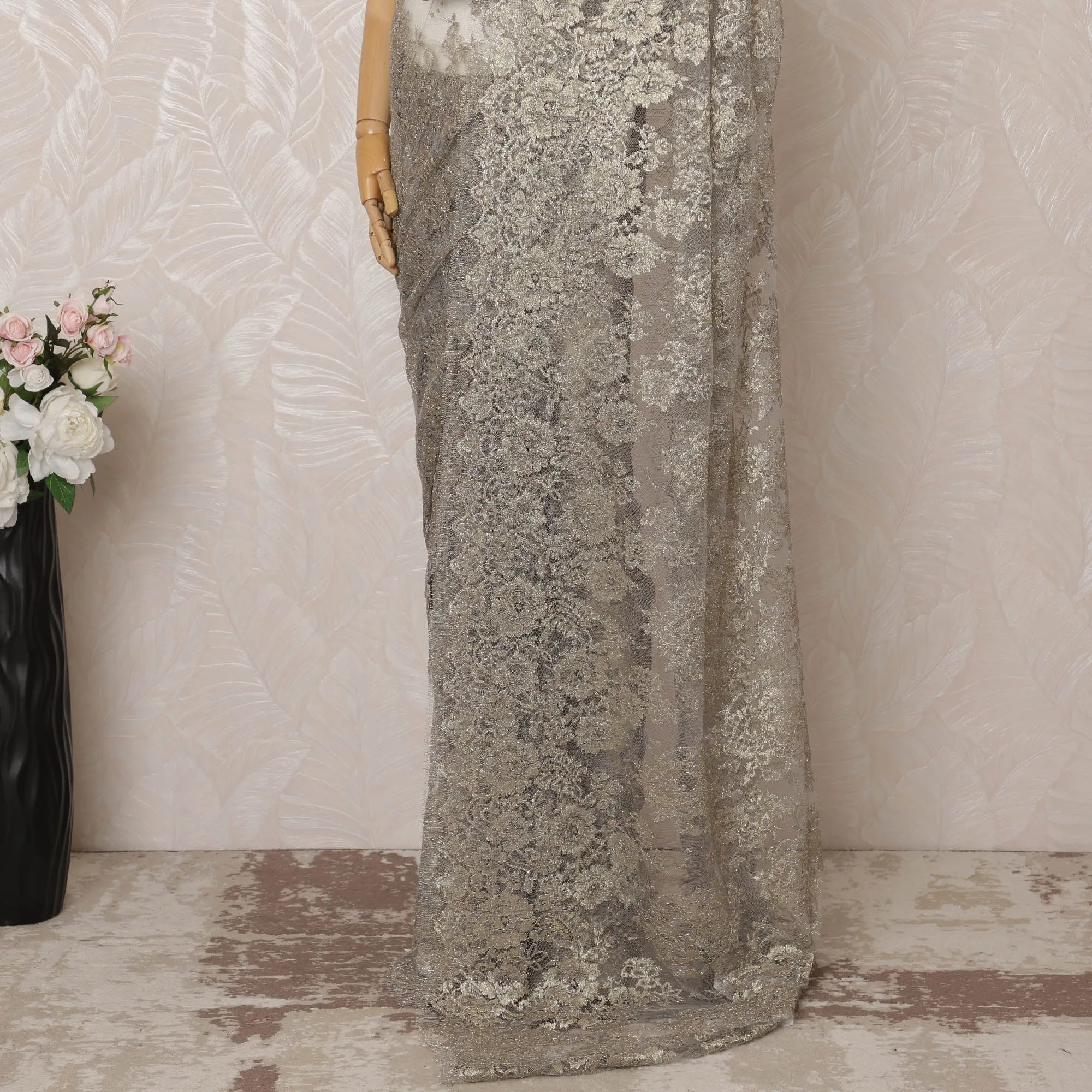 Grey Metallic Premium French Chantilly Saree Lace - 5.5 Meters, Floral Design, 110 cm Width-D20776