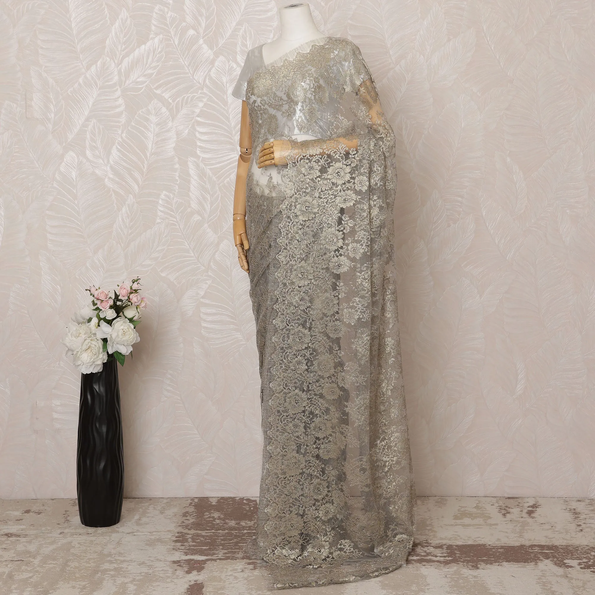 Grey Metallic Premium French Chantilly Saree Lace - 5.5 Meters, Floral Design, 110 cm Width-D20776