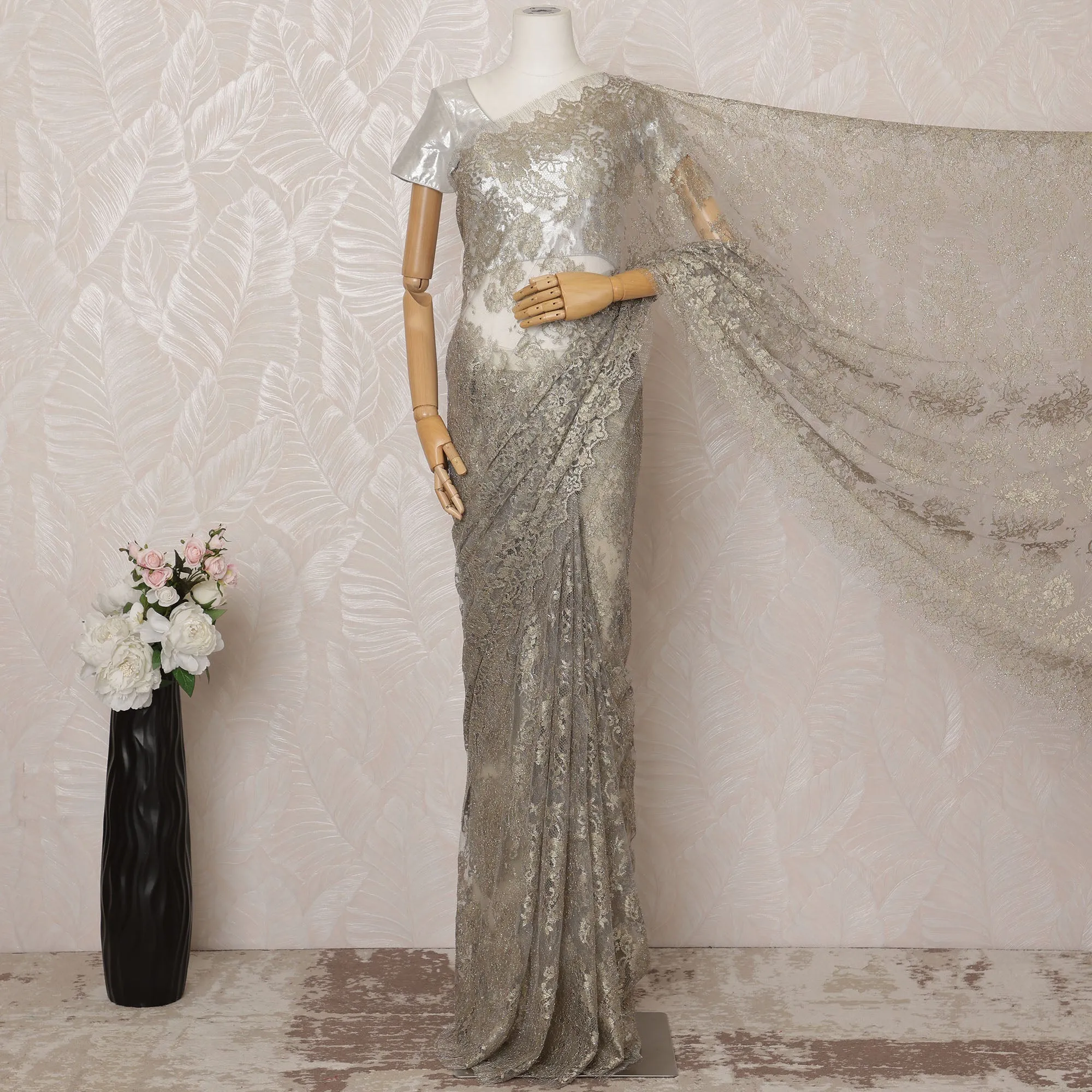 Grey Metallic Premium French Chantilly Saree Lace - 5.5 Meters, Floral Design, 110 cm Width-D20776