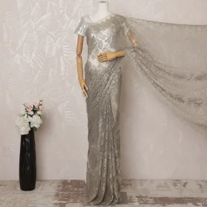 Grey Metallic Premium French Chantilly Saree Lace - 5.5 Meters, Floral Design, 110 cm Width-D20776