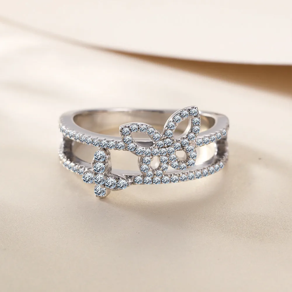 Hollow Butterfly Zircon Double Layer Sterling Silver Ring
