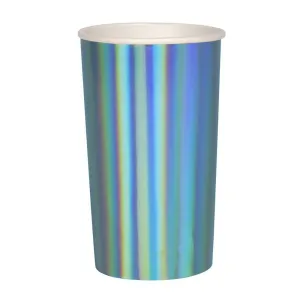 Holographic Blue Tall Party Cups, Set of 8 Meri Meri Beautiful Basics Shiny Holographic Blue Highball Paper Cups, 14 Ounces
