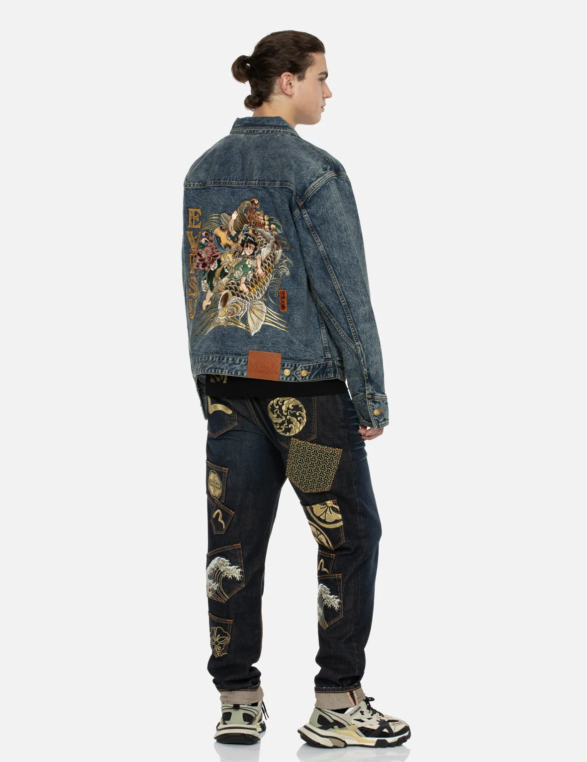 Kamon and Seagull Brocade Appliqué with Carp Embrodiery Relax Fit Denim Jacket