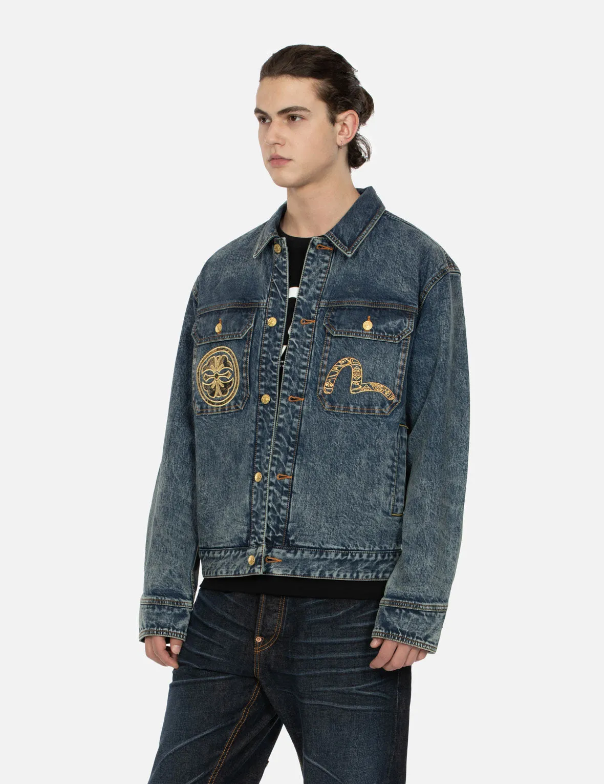 Kamon and Seagull Brocade Appliqué with Carp Embrodiery Relax Fit Denim Jacket