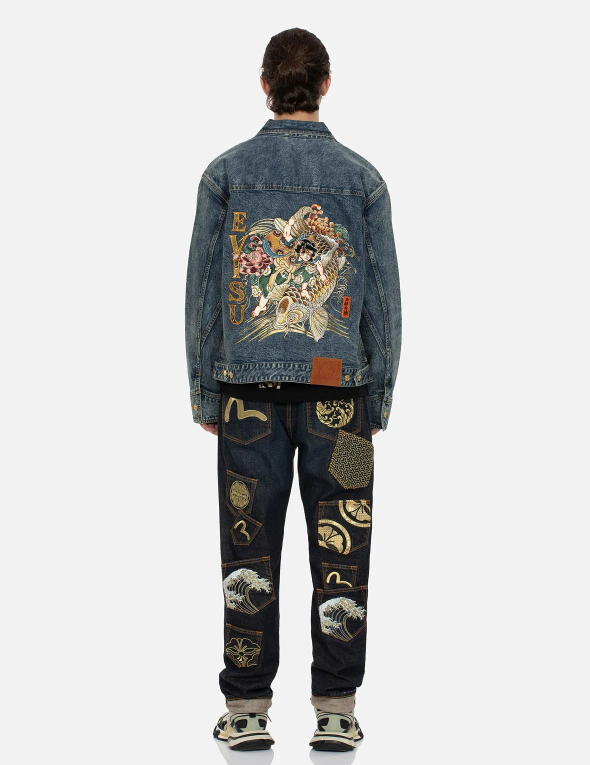 Kamon and Seagull Brocade Appliqué with Carp Embrodiery Relax Fit Denim Jacket
