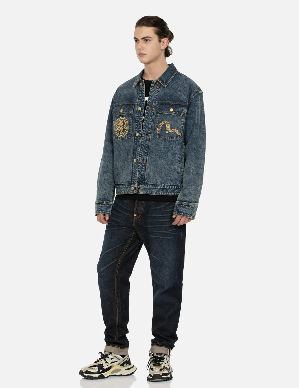 Kamon and Seagull Brocade Appliqué with Carp Embrodiery Relax Fit Denim Jacket