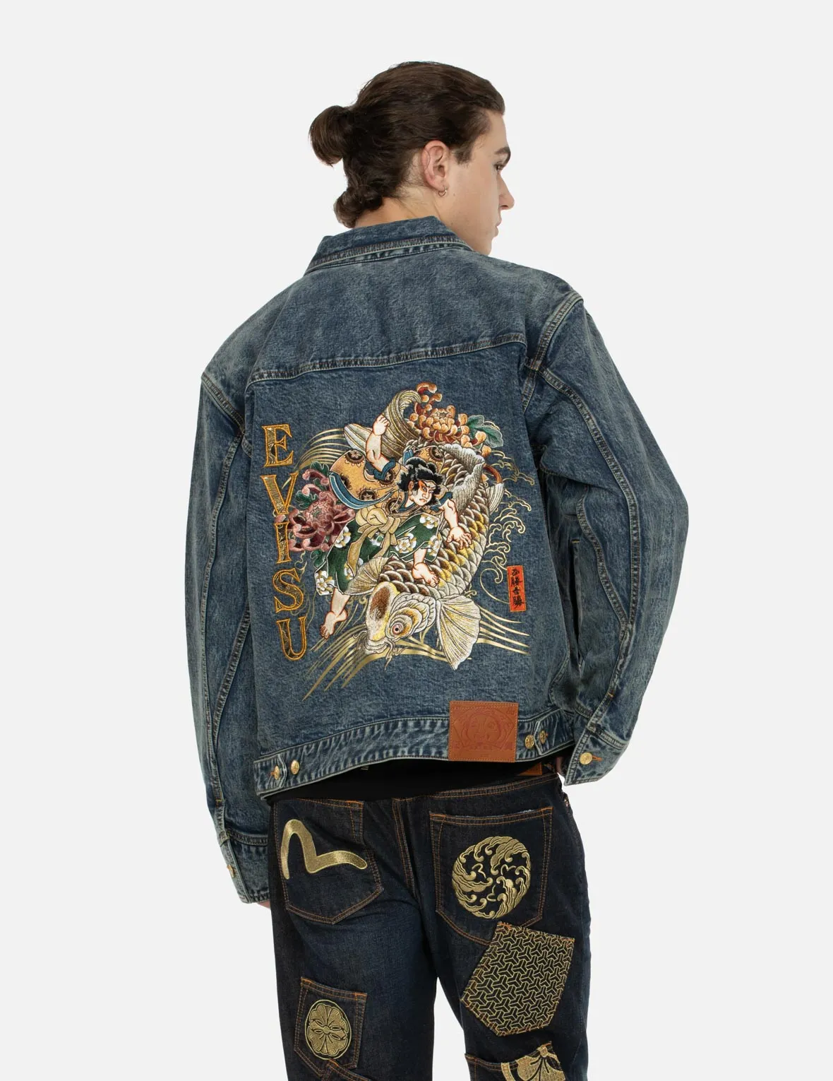 Kamon and Seagull Brocade Appliqué with Carp Embrodiery Relax Fit Denim Jacket