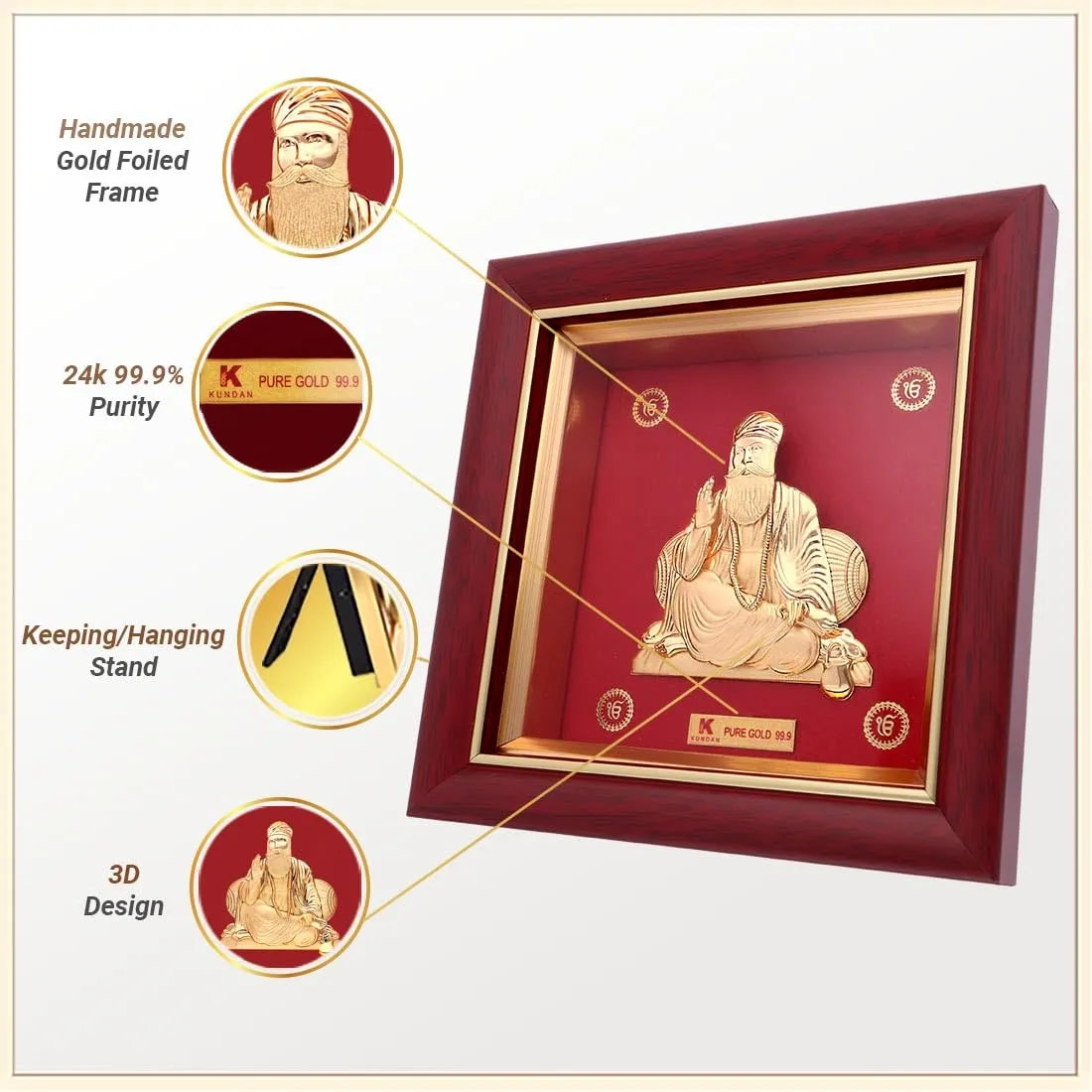 KUNDAN 24k Gold Foiled Artwork Guru Nanak Ji Frame (S1) 15 * 15 cm