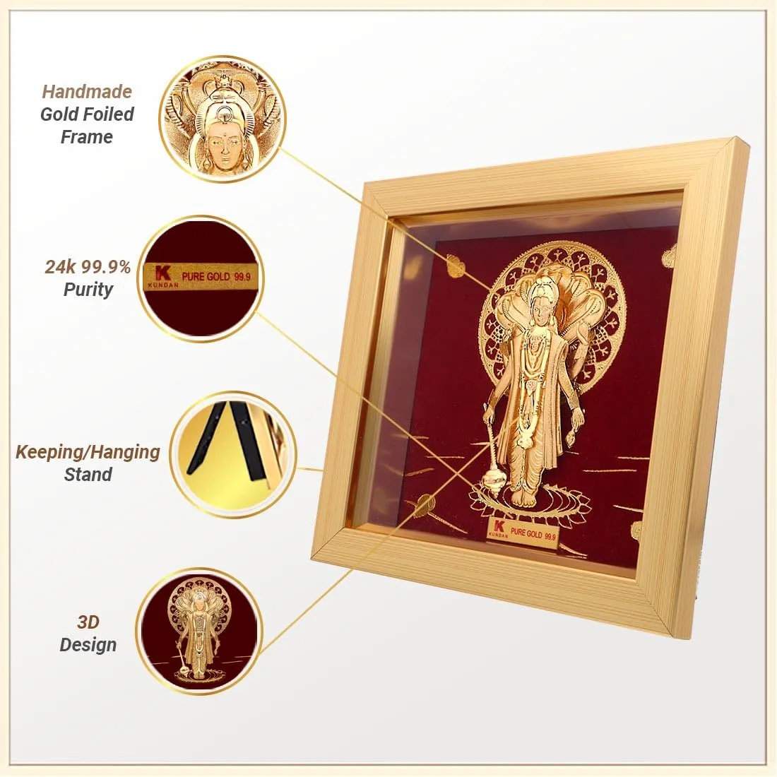 KUNDAN 24k Gold Foiled Artwork Vishnu Ji Frame (S1) 15 * 15 cm