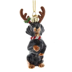Kurt Adler Black Daschund with Antlers Glass Ornament