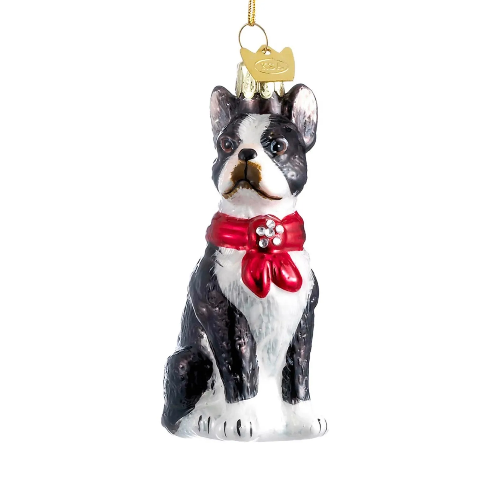 Kurt Adler Boston Terrier with Red Scarf Glass Ornament
