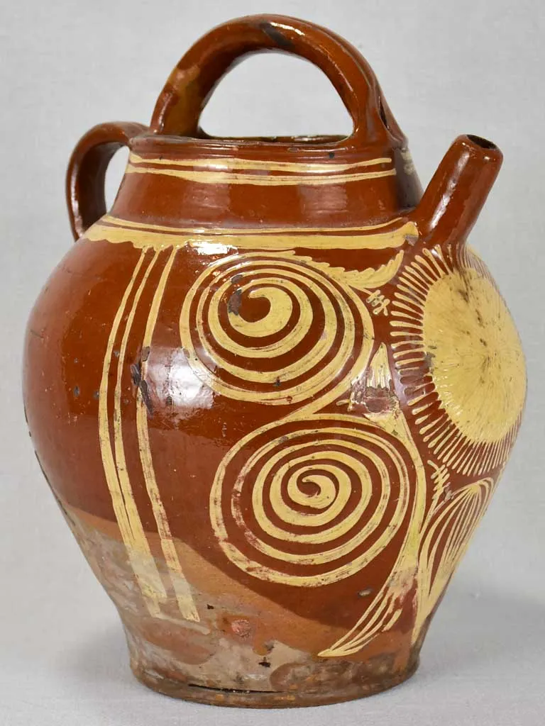 Large late 19th century French water pitcher with brown glaze and beige decoration 15¼"
