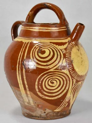 Large late 19th century French water pitcher with brown glaze and beige decoration 15¼"