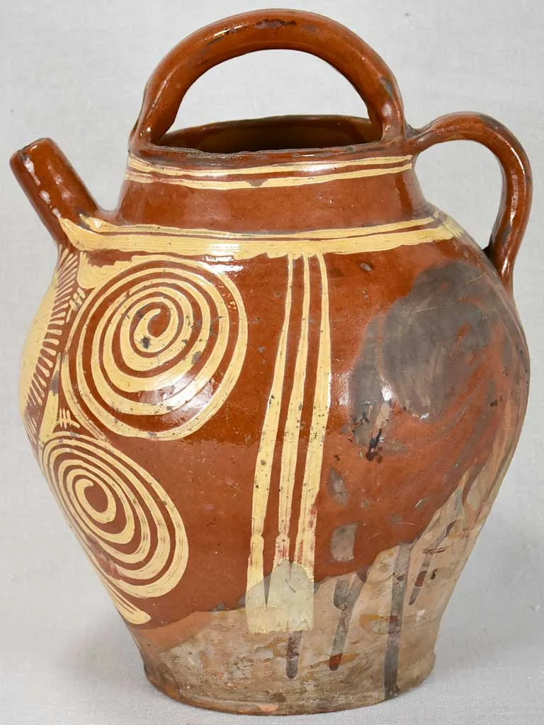 Large late 19th century French water pitcher with brown glaze and beige decoration 15¼"