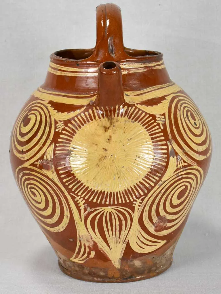 Large late 19th century French water pitcher with brown glaze and beige decoration 15¼"