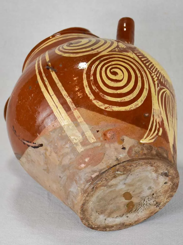 Large late 19th century French water pitcher with brown glaze and beige decoration 15¼"