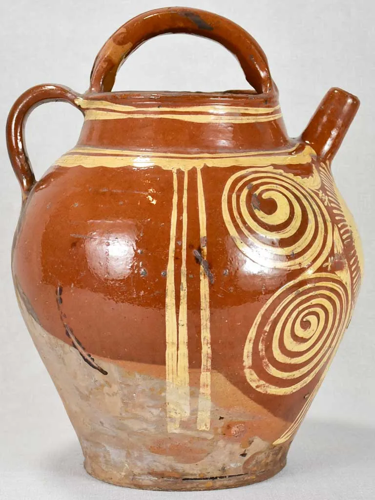 Large late 19th century French water pitcher with brown glaze and beige decoration 15¼"