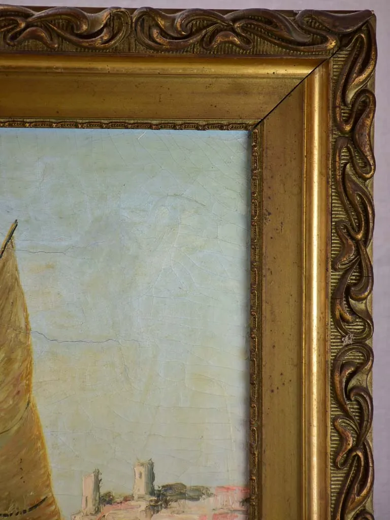 Late 19th Century oil painting of a sail boat in Antibes 26" x 30"