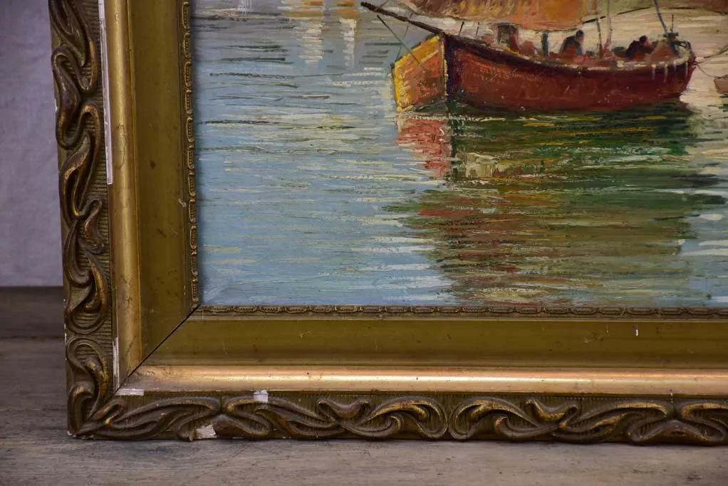 Late 19th Century oil painting of a sail boat in Antibes 26" x 30"