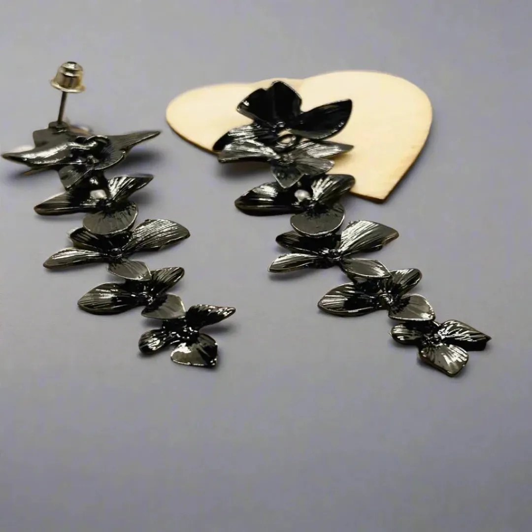 Lightless Golden and black Flower Tassel Drop Earrings