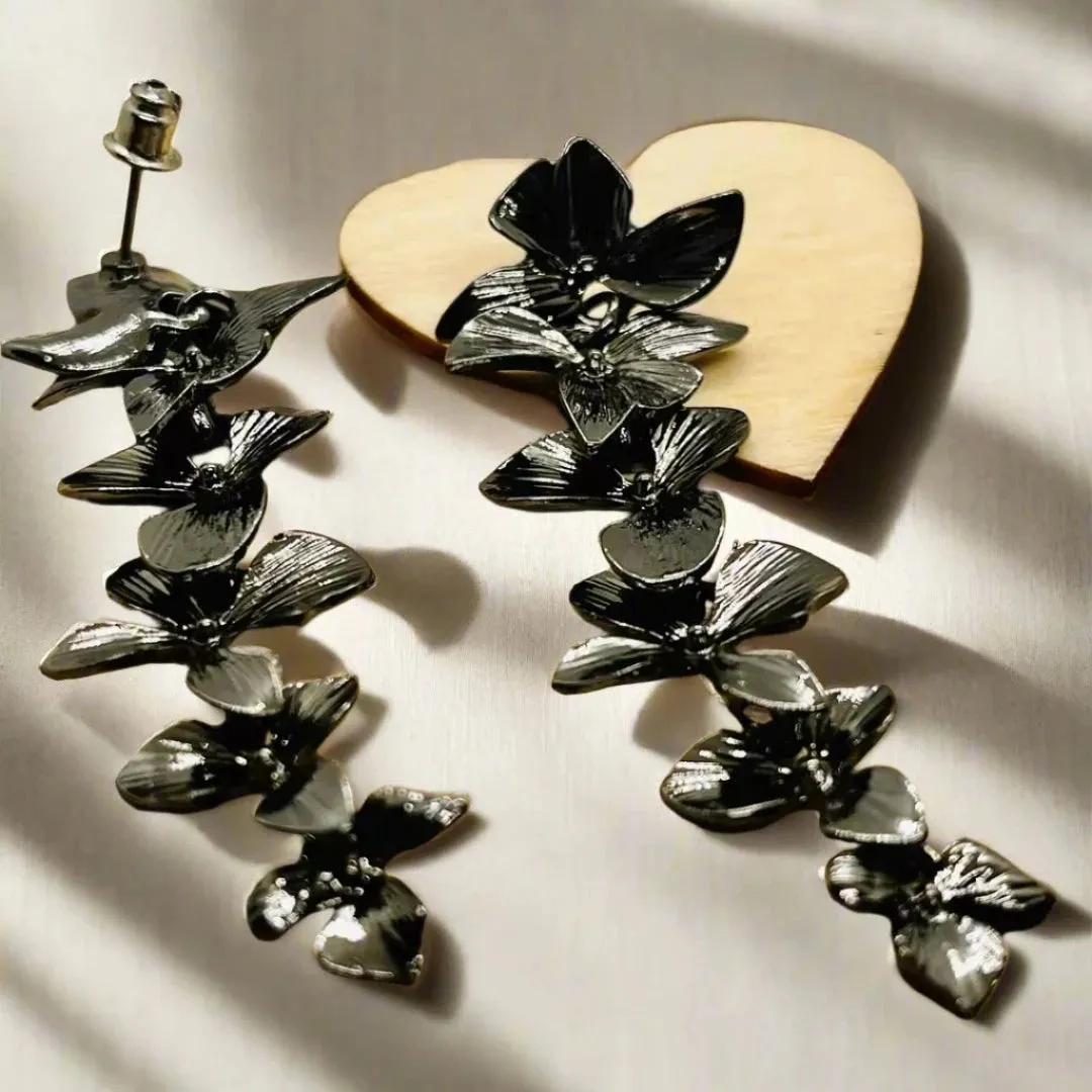 Lightless Golden and black Flower Tassel Drop Earrings