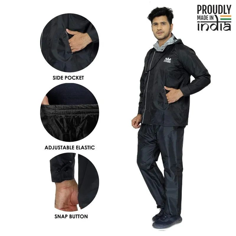 Men Rain Coat - Waterproof, Reverse Design with Reflective Stripes | Set of Top and Bottom | XXX-Large | Prime Black